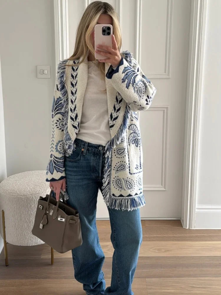 Frauen Quaste Patchwork Gedruckt Strickjacke Mode V-ausschnitt Langarm Lose Strickwaren Dame Herbst Pendeln Straße Strickjacken