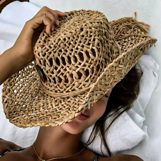 Corn Skin Vintage Summer Beach Bohemian Straw Hat Women Men Western Cowboy Hats Wooden Beads Hollow Out Sun Hat Holiday Cap