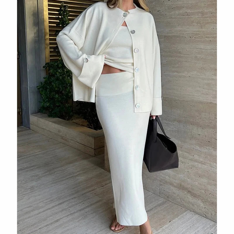 Mode Drei Stück Sets Frauen Outfits Solide Strick Weste Lose Einreiher Langarm Mäntel Winter Chic Maxi Rock Sets