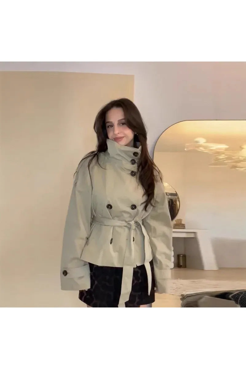 Bequemer, zweireihiger, langärmliger Kurzmantel im Retro-Stil, Vintage-Design, lässige Pendelmode, Polyesterstoff, Damen...