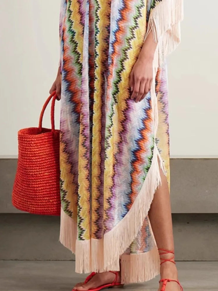 Bohemian Wave Print Long Dresses Women Fashion Casual Vacation Style Irregular V-neck Loose Dress Tassel Patchwork Beach Vestido