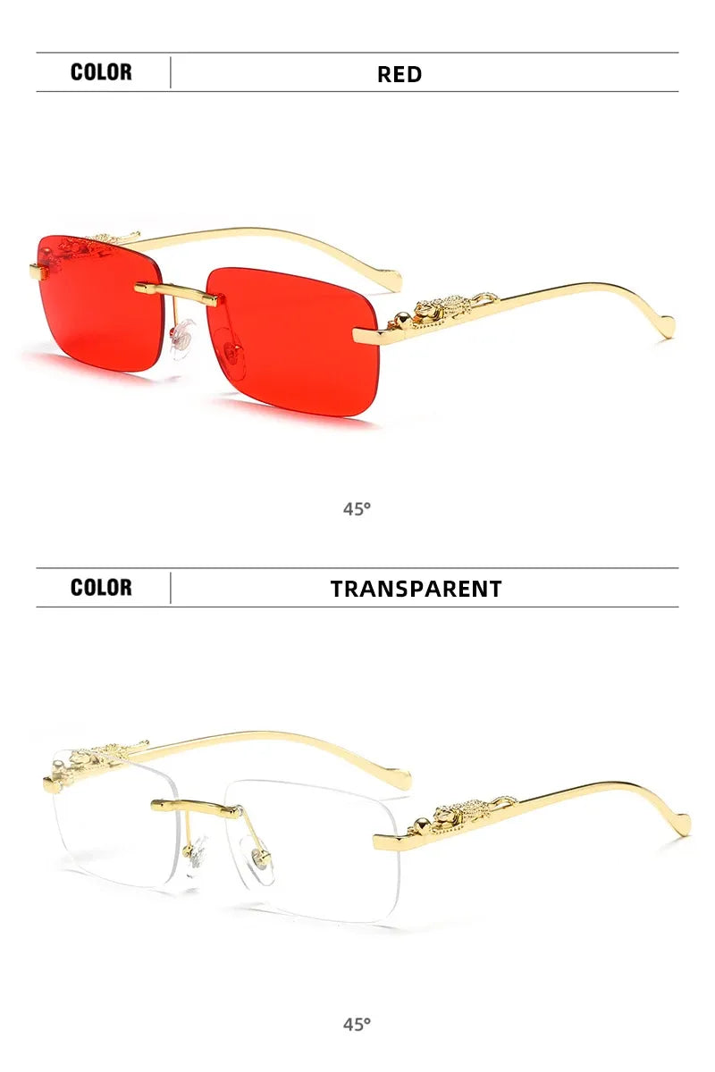 Klassische randlose Sonnenbrille für Herren und Damen, modisch, Leoparden-Dekoration, kleine Sonnenbrille, stilvoll, rahmenlos, zum Fahren, Reisen