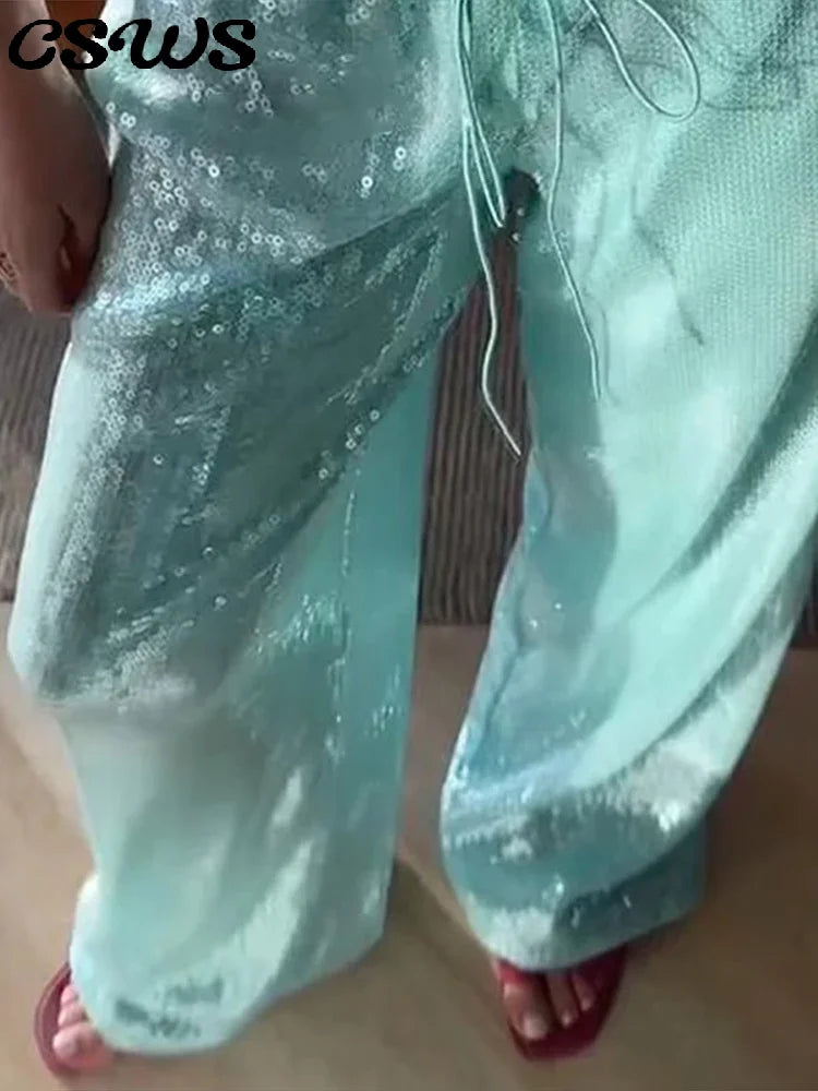 Fashion Sequin Loose Pants Women Solid Drawstring High Waist Wide Leg Trousers Female 2026 Fashion Summer Shinny Bottom Lady
