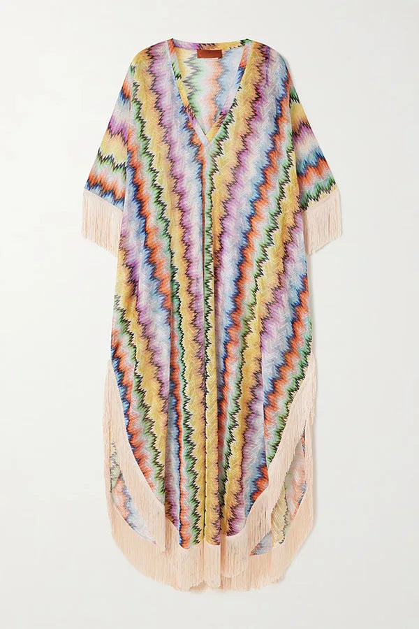 Bohemian Wave Print Long Dresses Women Fashion Casual Vacation Style Irregular V-neck Loose Dress Tassel Patchwork Beach Vestido