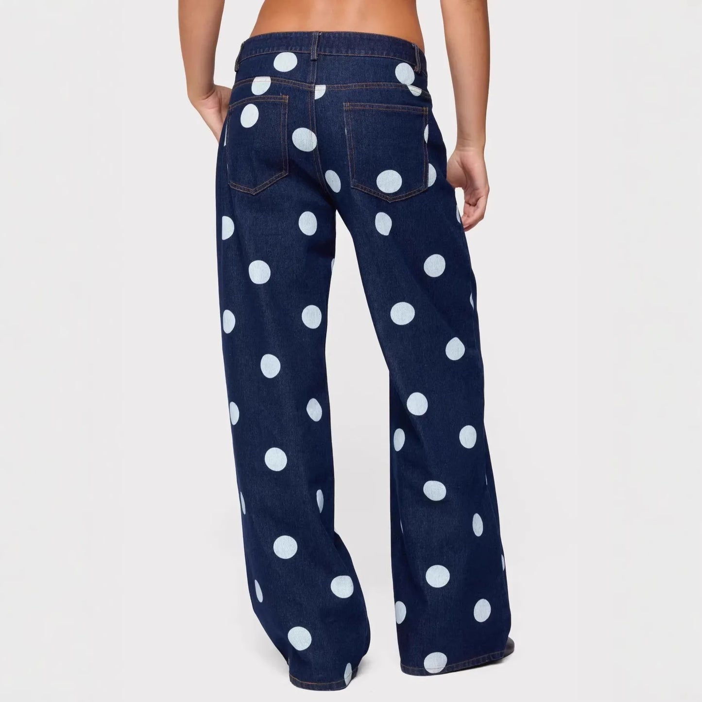 Lässige Gepunktete Denim-Jeans für Damen in Dunklen Farben, Gerade Geschnittene Lange Hose im Komfortablen Pendler-Stil aus Baumwollstoff