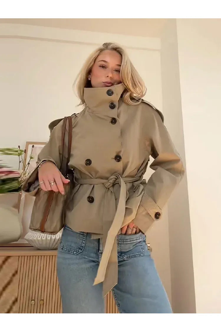 Bequemer, zweireihiger, langärmliger Kurzmantel im Retro-Stil, Vintage-Design, lässige Pendelmode, Polyesterstoff, Damen...