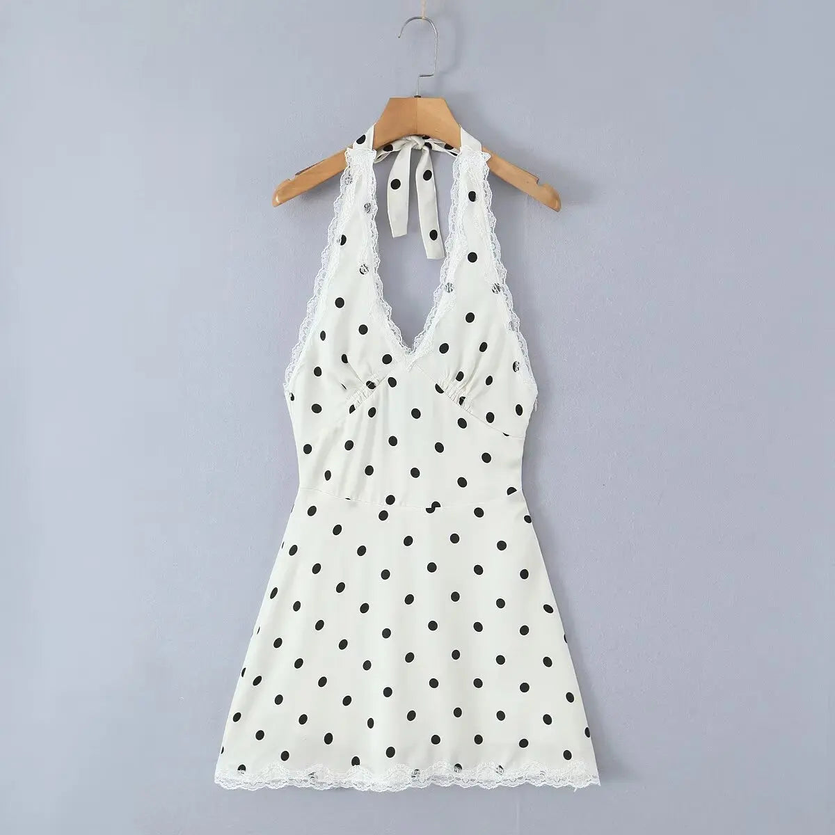 YENKYE Lace Spliced Polka Dot Halter Dress Women Elegant A-line Mini Sexy Backless Dresses Summer Robe 2025