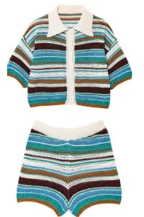 Frauen Patchwork Gestreiften Aushöhlen Häkeln Gestrickte Crop Pullover Shorts Set Kurzarm Polo Kragen Pullover Stricken Shorts Anzug Y2K