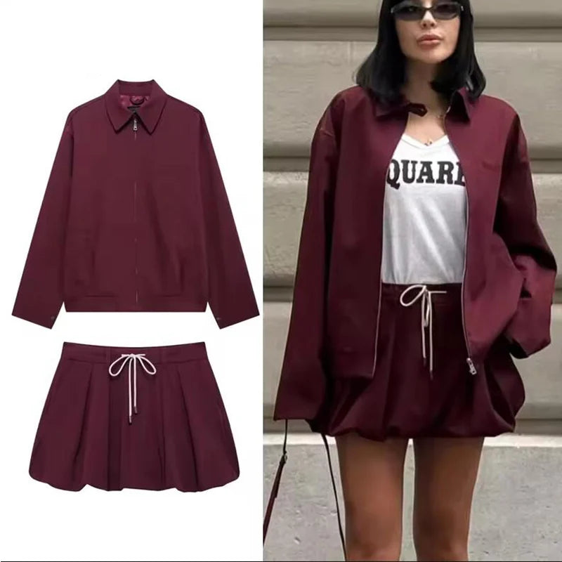 Casual Frauen 2-teiliges Set Taille Lace Up Lantern Edition Minirock Sets Solide Tasche Dekorative Jacke Top Damen Set