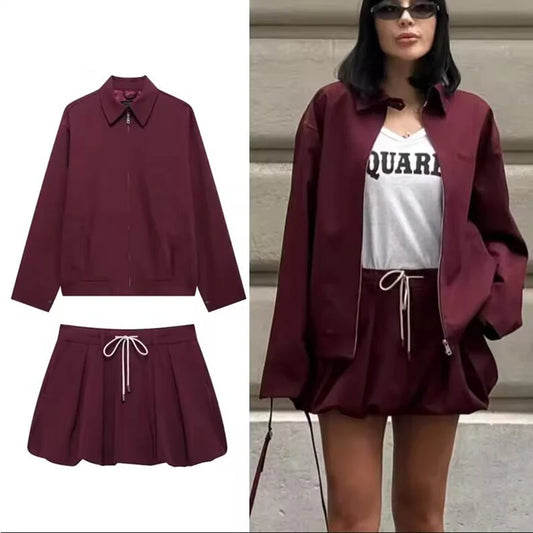 Casual Frauen 2-teiliges Set Taille Lace Up Lantern Edition Minirock Sets Solide Tasche Dekorative Jacke Top Damen Set