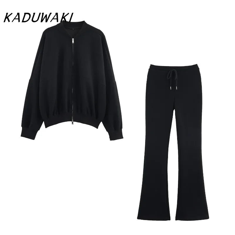 KADUWAKI Herbst Dame Casual Outfit Einfarbig Zipper Up Bomber Jacke Gerippte Borte Ausgestelltes Kordelzug Hose frauen Zwei Stück set
