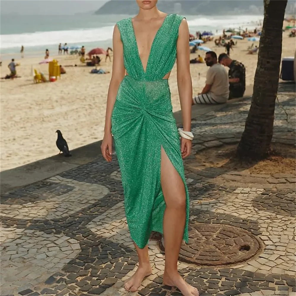 2025 New Swimsuit High-end Niche Design 2Pcs Halter Neck Glitter Fabric Holiday Sexy Hot Spring One Piece Swimsuit for Women