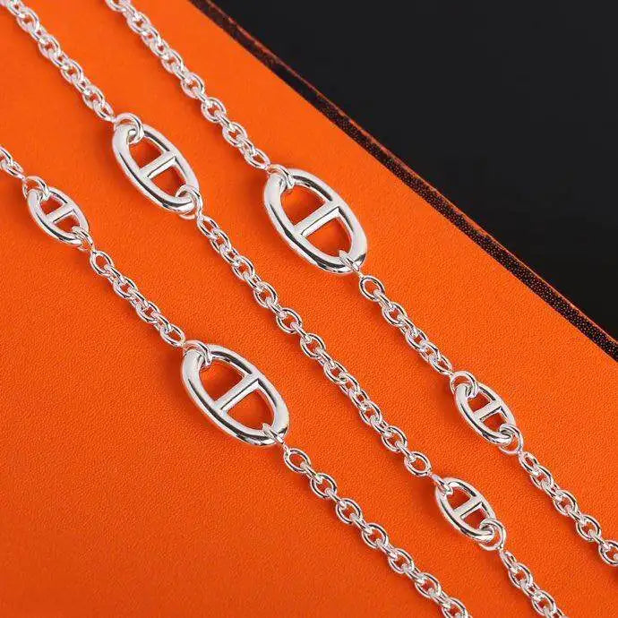 Halskette im Industrial-Stil mit Schweinenasen-Design, lange 925er Silber-Schulterkette mit mehreren Schichten, luxuriöse Halskette