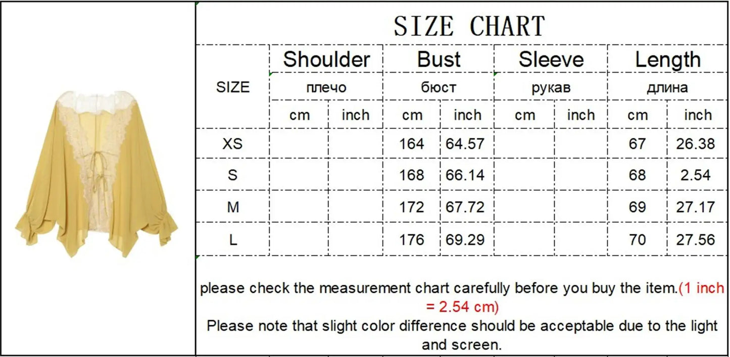 TFMLN Women Lace Patchwork Lantern Long Sleeve Shirt Top Tie-up Loose Sheer Blouse Elegant Irregular High Street Fashion Lady