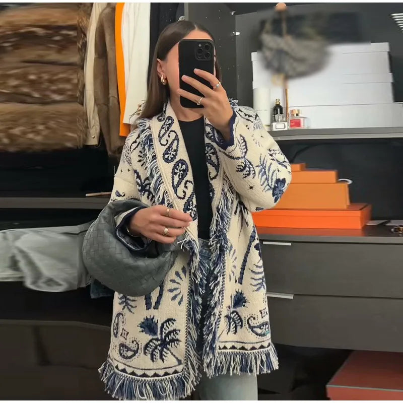 Frauen Quaste Patchwork Gedruckt Strickjacke Mode V-ausschnitt Langarm Lose Strickwaren Dame Herbst Pendeln Straße Strickjacken