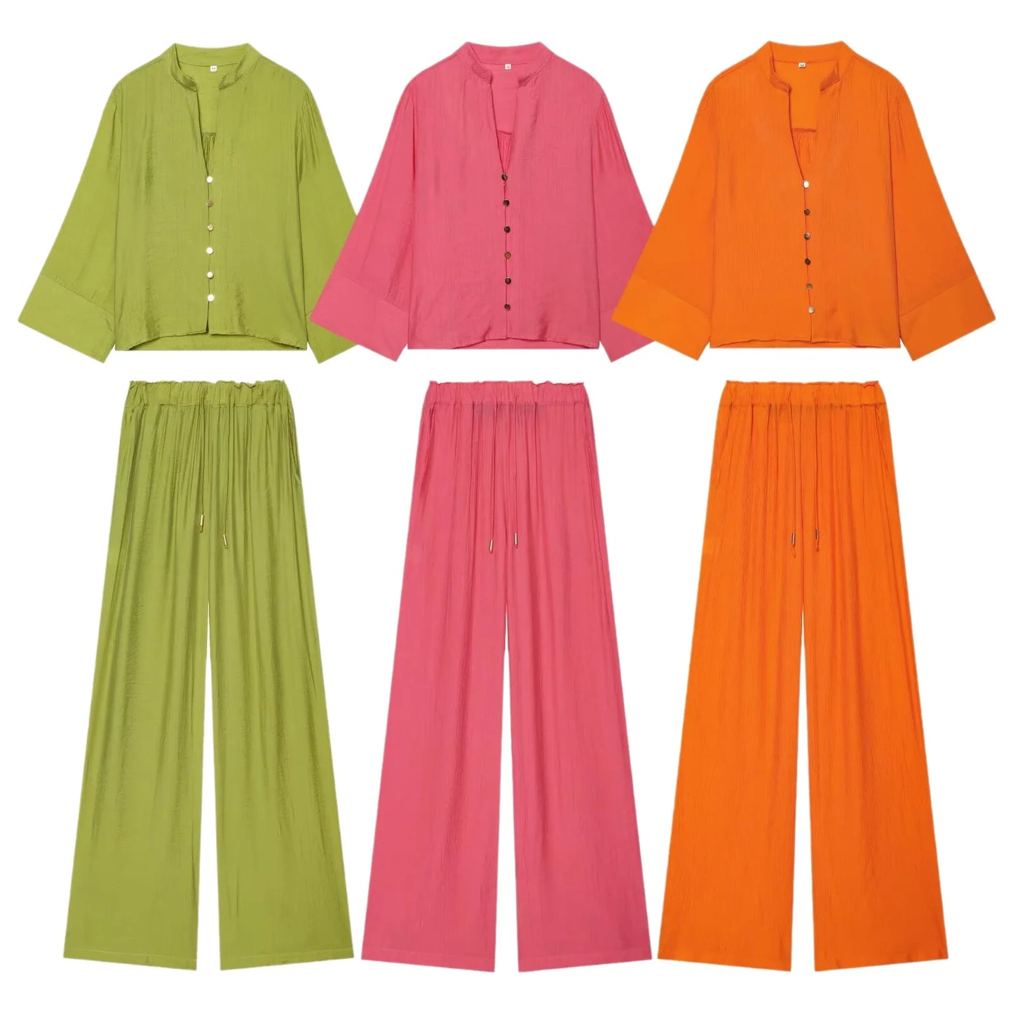 Loose Long Sleeve V-Neck Shirt Elastic Waist High Waist Wide Leg Pants Set Women's Casual Comfortable Polyester Spring Summer