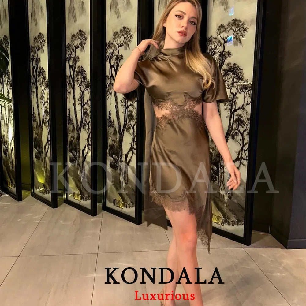 KONDALA Elegant Sexy Chic Women Mini Dress Asymmetrical Scarf Collar Dress Fashion 2026 Spring Summer Holiday Night Out Dress