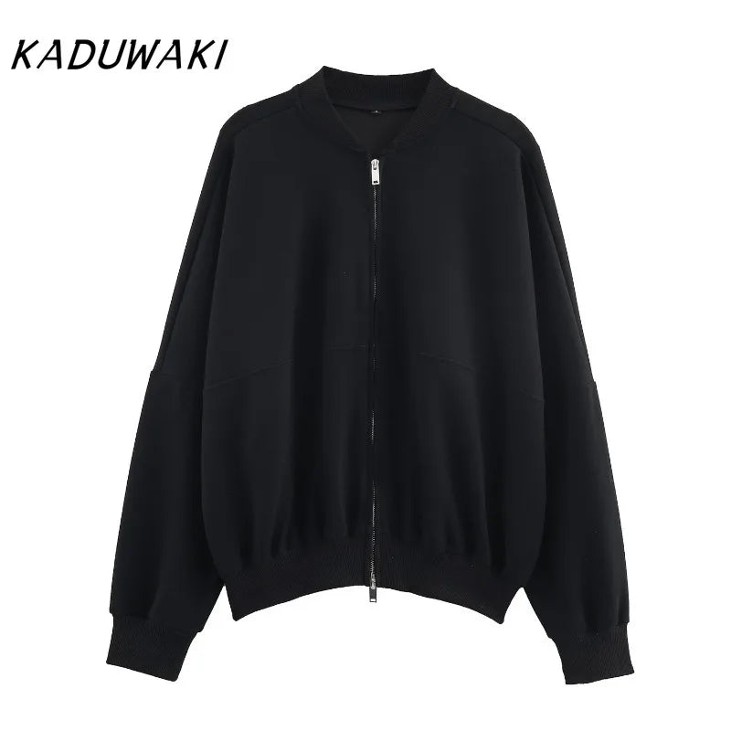 KADUWAKI Herbst Dame Casual Outfit Einfarbig Zipper Up Bomber Jacke Gerippte Borte Ausgestelltes Kordelzug Hose frauen Zwei Stück set