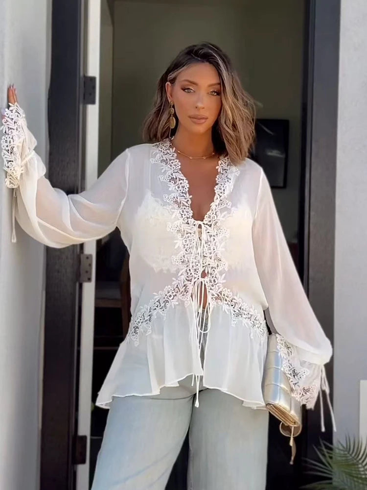 TFMLN New Women Blouse Fashionable Flare Sleeve Lace Spliced Semi-Sheer Cardigan Lace Up Tops Elegant Ruffled V Neck Shirt