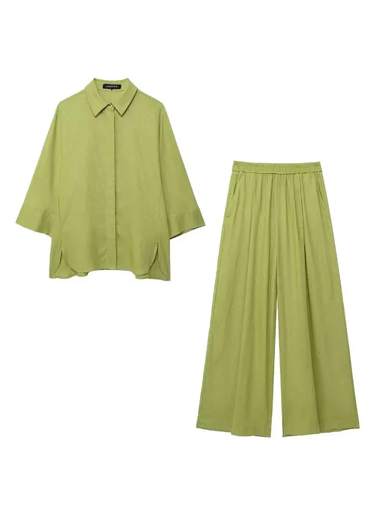HH 2025 Damen 2-teiliges Set, elastische Taille, Taschenfalten, verziert breite Beinhosen + solides einreihiges Blusenoberteil mit Schlitz am Saum