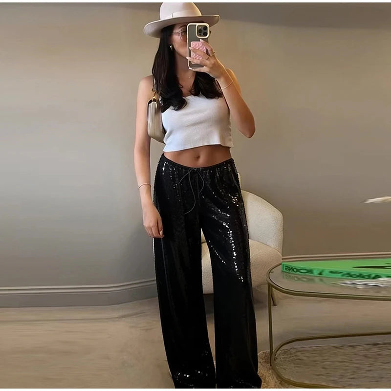 Fashion Sequin Loose Pants Women Solid Drawstring High Waist Wide Leg Trousers Female 2026 Fashion Summer Shinny Bottom Lady
