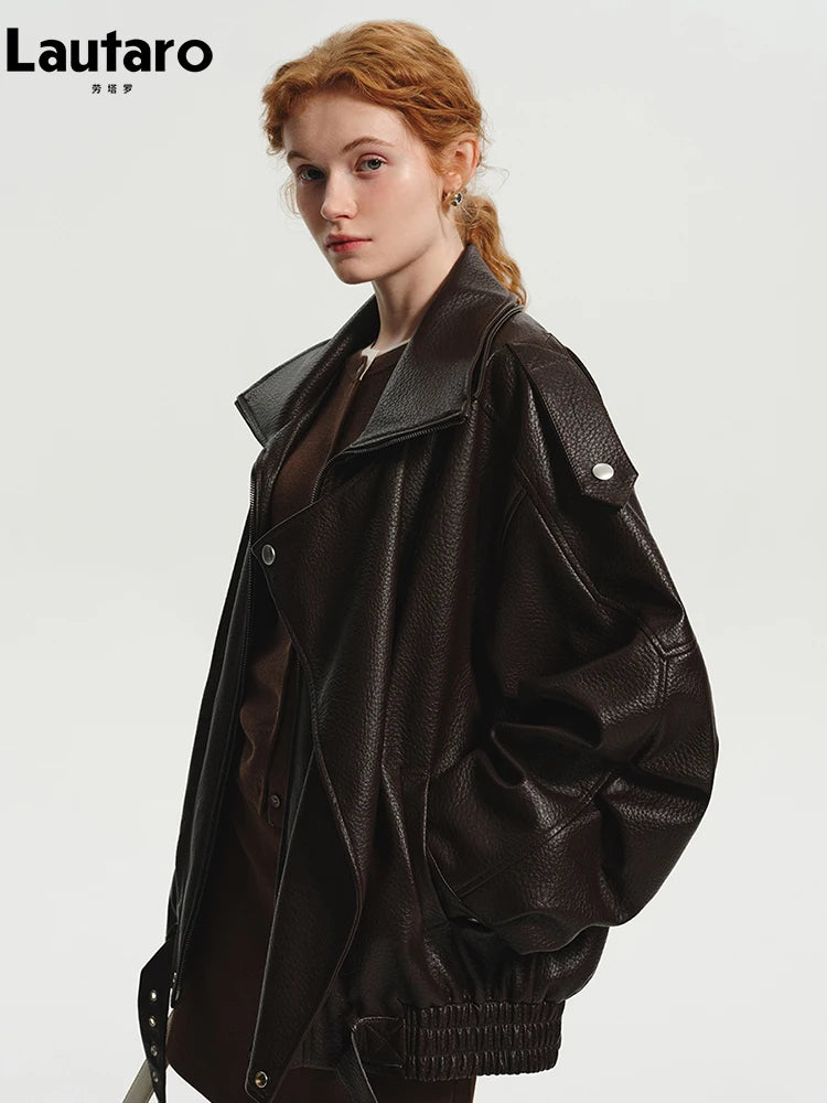Lautaro Frühling Herbst Kühle Braun Übergroße Pu Leder Jacke Frauen Langarm Zip Up Luxus Designer Amerikanische Retro Kleidung