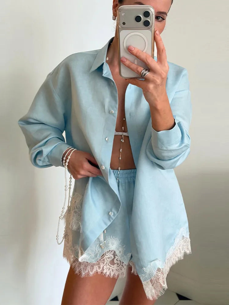 Strandhemden & Shorts Outfits für Damen: Revers, Einreiher, Lange Ärmel, Spitzen-Patchwork-Sets – Frühling/Sommer 2026 Urlaubs-Sets für Frauen