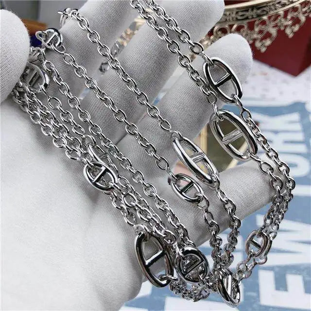 Halskette im Industrial-Stil mit Schweinenasen-Design, lange 925er Silber-Schulterkette mit mehreren Schichten, luxuriöse Halskette