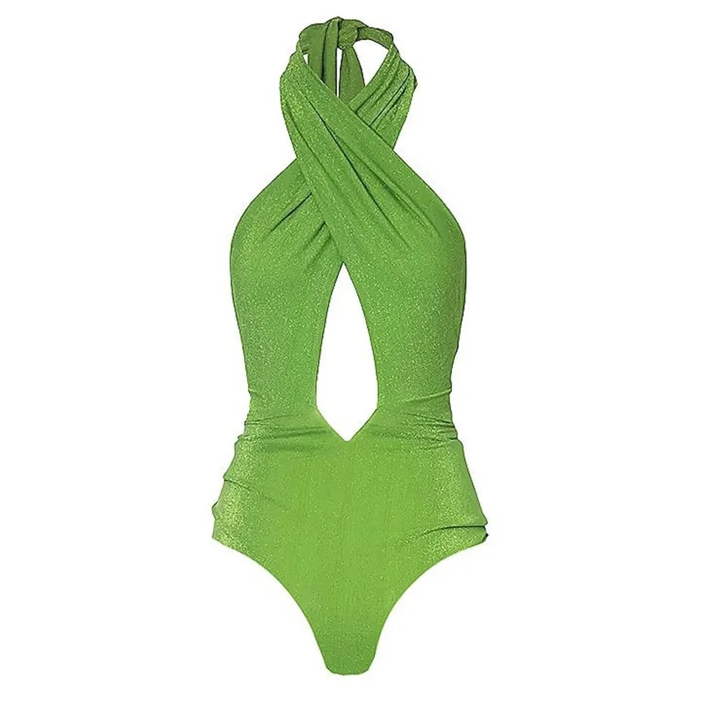 2025 New Swimsuit High-end Niche Design 2Pcs Halter Neck Glitter Fabric Holiday Sexy Hot Spring One Piece Swimsuit for Women