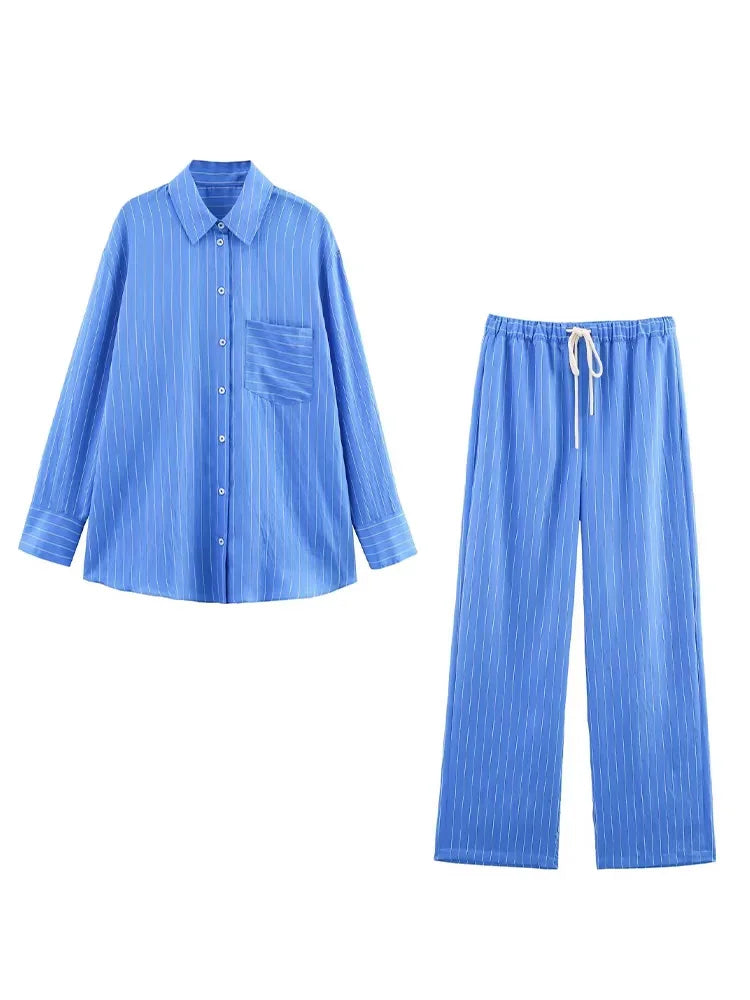 HH Women Striped Pants Suit Loose Lapel Long Sleeve Pocket Single-breasted Blouse+Summer Pajama Style Drawstring Pants