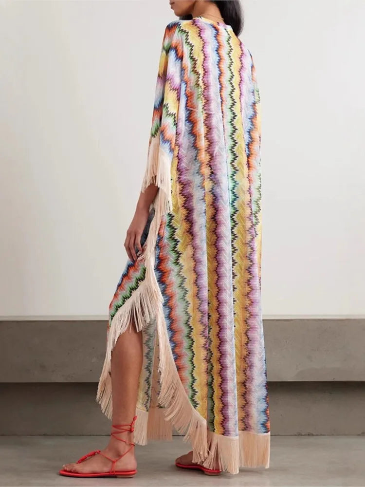Bohemian Wave Print Long Dresses Women Fashion Casual Vacation Style Irregular V-neck Loose Dress Tassel Patchwork Beach Vestido