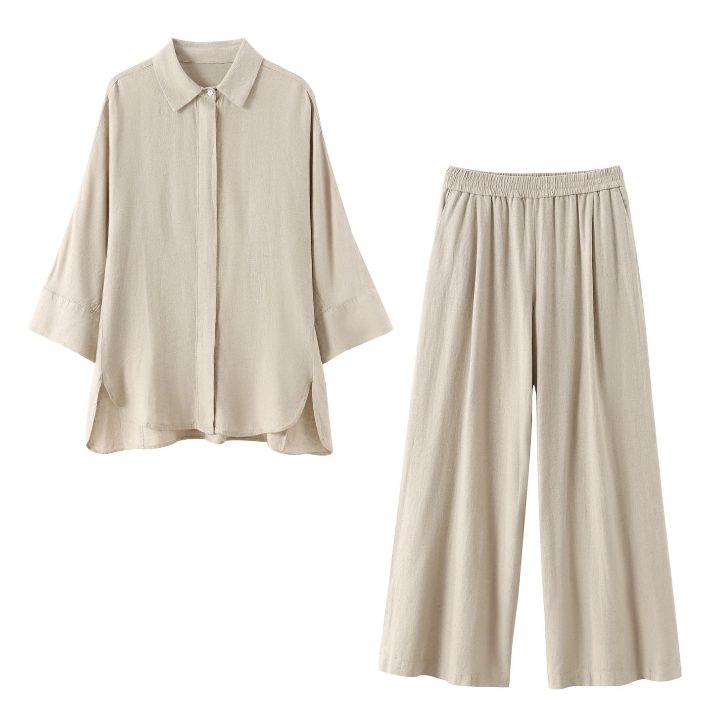 HH 2025 Damen 2-teiliges Set, elastische Taille, Taschenfalten, verziert breite Beinhosen + solides einreihiges Blusenoberteil mit Schlitz am Saum