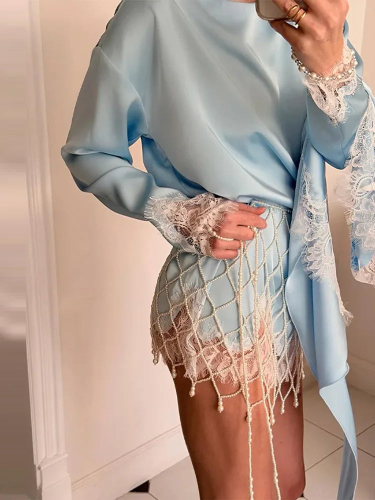 Lady Chic Diamond Beaded Tassel Hem Skirt 2026 Lace Trim Full Sleeve Shirt Short Skirt Outfits Casual Luxury Satin 2 Piece Set