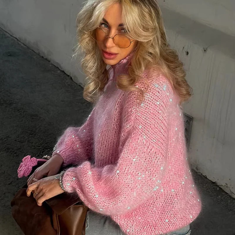 Casual Pailletten Lose Pullover Frauen Volle Hülse Gestrickte Solide Shinny Revers Reißverschlüsse Pullover Weibliche 2026 Frühling Dame Outwears