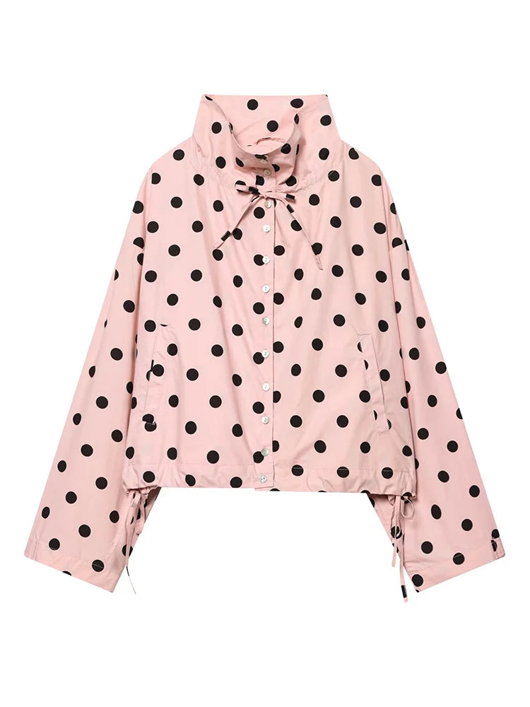 HH Damen Langarm Rosa Gepunktete Jacke Modische Einreihige Hochkragen Kurze Jacke Damen Frühling Lässige High-Street-Jacke