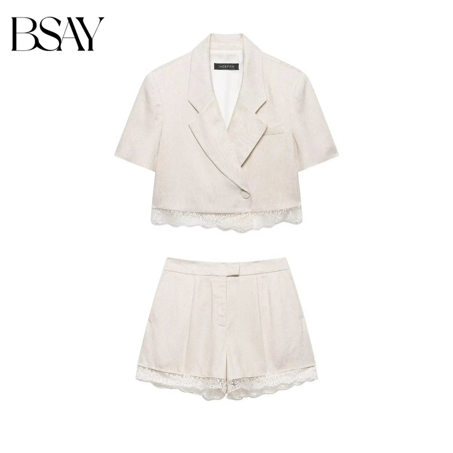 BSAY Lace Patchwork Shorts 2pc Suit Women's Summer Short Sleeve Lapel Blazer Front Pleated A-line Wide Leg Pants Chic Set
