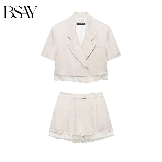 BSAY Lace Patchwork Shorts 2pc Suit Women's Summer Short Sleeve Lapel Blazer Front Pleated A-line Wide Leg Pants Chic Set