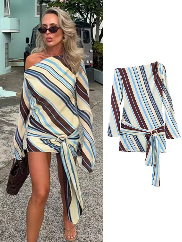 TFMLN New Women Striped Resort Dress Chic One Shoulder Tie Waist Long Sleeve Mini Dresses Female Slim Fashion Beach Lady Outfit
