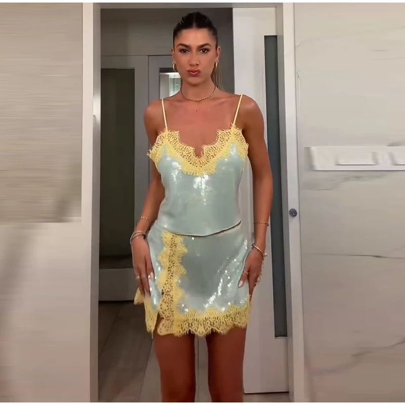 Sexy Women's Lace Sequined Vest Short Skirt Sets V-neck Backless Crop Sling Tops Mini A-line Skirt 2026 Summer Lady Beach Suit