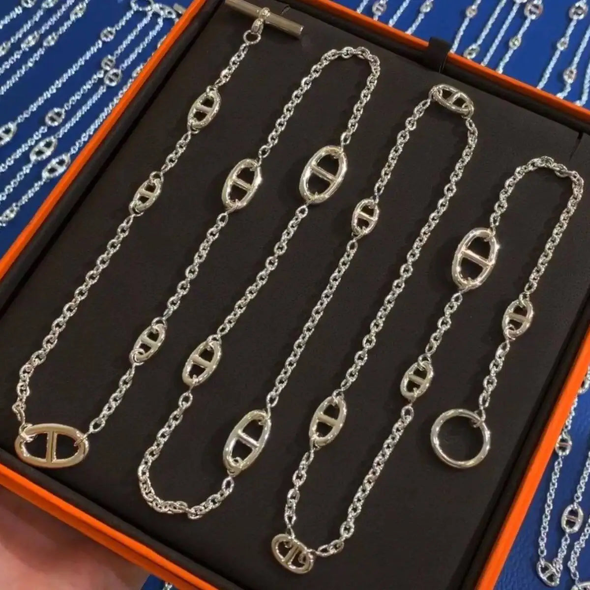 Halskette im Industrial-Stil mit Schweinenasen-Design, lange 925er Silber-Schulterkette mit mehreren Schichten, luxuriöse Halskette