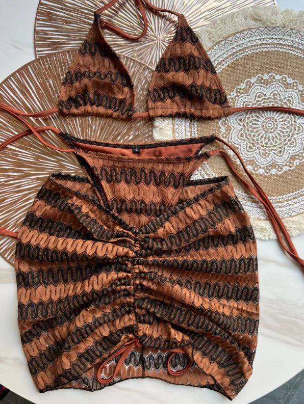2025 New 3 Pieces Bikinis Sets Knitted Stripe With Skirt Knitting Beachwear Sexy Women's Swimsuit Cover-ups Strappy Beach Wear