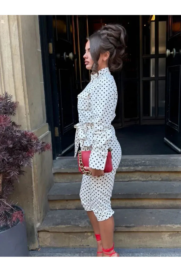 HH Damen Mode Einreihige Jacke mit Taschen und Gürtel-Dekoration im Polka-Dot-Stil + Hochgeschnittene Reißverschluss-Caprihose 2-teiliges Set