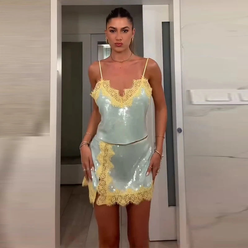 Sexy Lace Sequined Women's Skirt Sets V-neck Backless Cropped Sling Tops Mini A-line Skirt 2026 Summer Lady Beach Party Suits