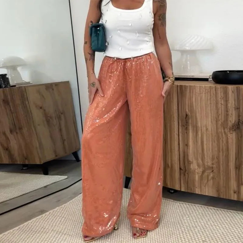 Fashion Sequin Loose Pants Women Solid Drawstring High Waist Wide Leg Trousers Female 2026 Fashion Summer Shinny Bottom Lady