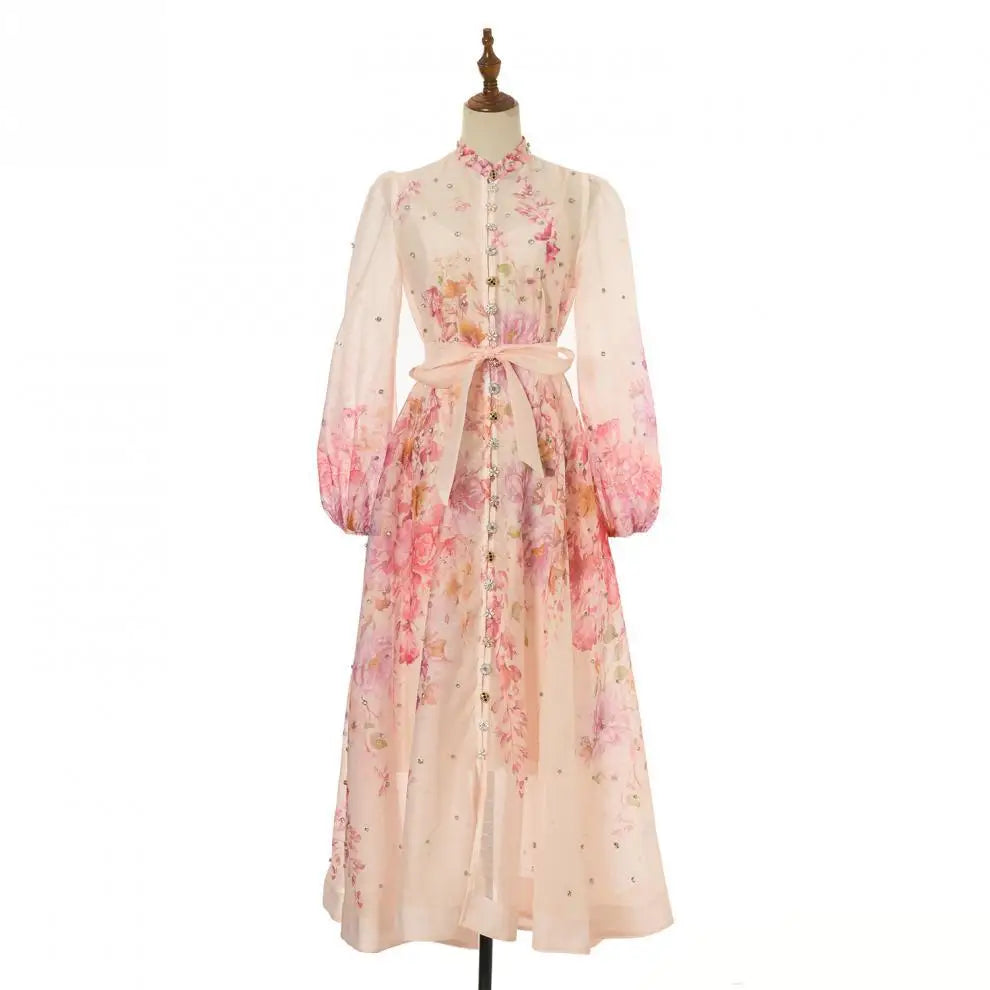Spring Summer 2026 New Style Long Skirt Dress Women's Maxi Dress Diamond Floral Print High Waist Long Sleeve Street Style Ele...
