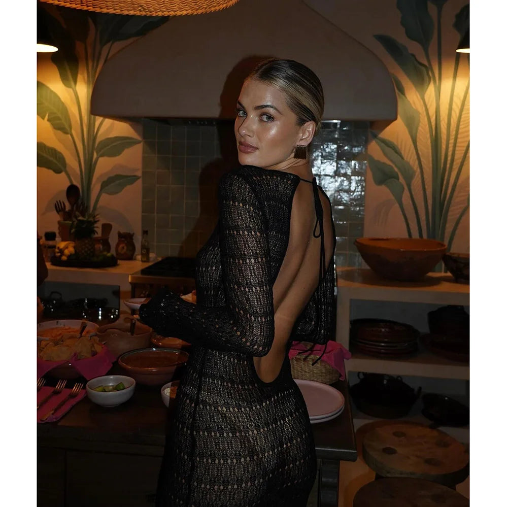 2026 Knitted Dress Backless Cover Up For Women 2025 Summer Beach Dress High Slit Bikinis Cover-Up Hollow Out Sexy Vacation Dress