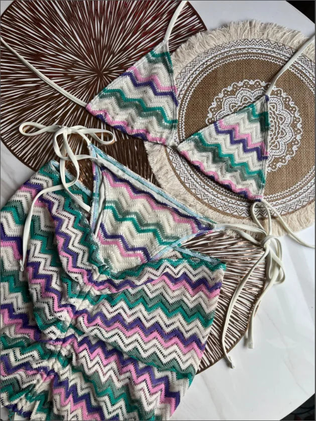 2025 New 3 Pieces Bikinis Sets Knitted Stripe With Skirt Knitting Beachwear Sexy Women's Swimsuit Cover-ups Strappy Beach Wear