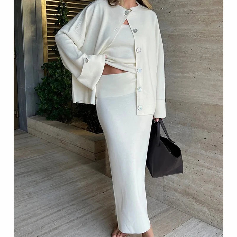 Mode Drei Stück Sets Frauen Outfits Solide Strick Weste Lose Einreiher Langarm Mäntel Winter Chic Maxi Rock Sets