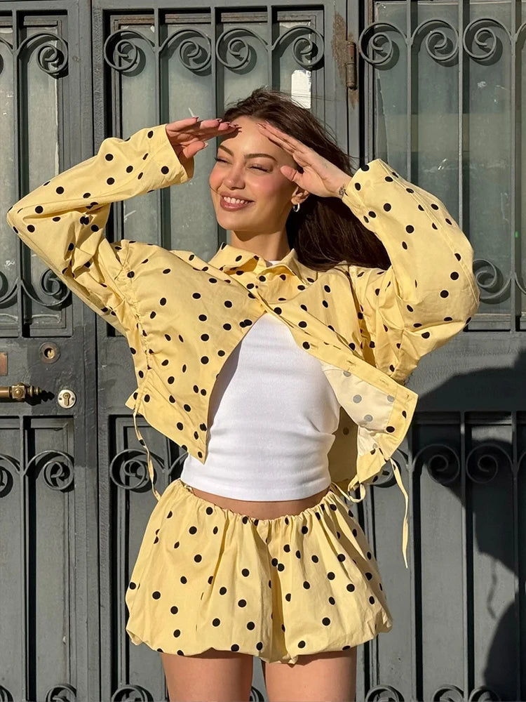 HH 2026 Women 2 Piece Set Long Sleeves Single Breasted Shirring Polka Dot Short Coat+Casual Elastic Waist Balloon Fit Shorts