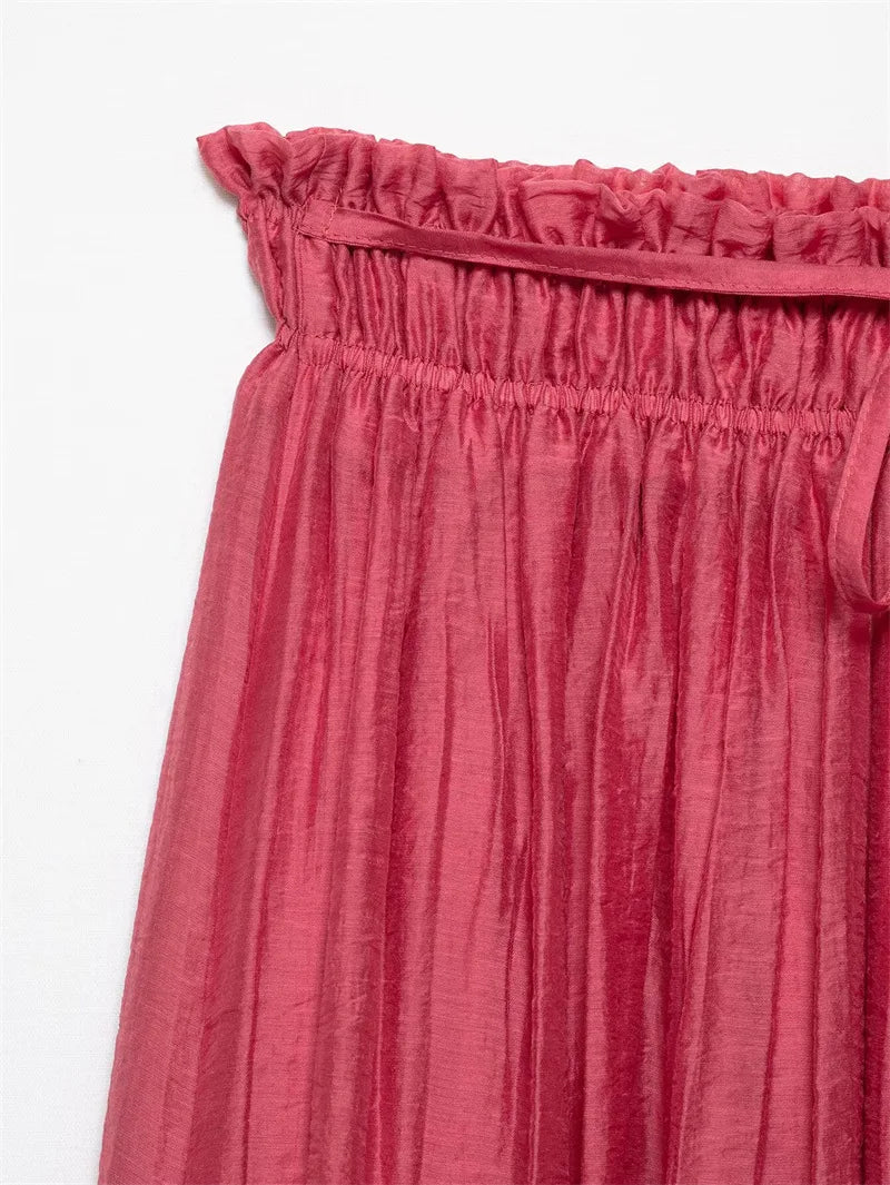 2025 Summer Women Red Folds Shirt Skirts Sets Lace Up Long Sleeves Shirts+High Waist Pleated Skirt Fashion Lady Outfits